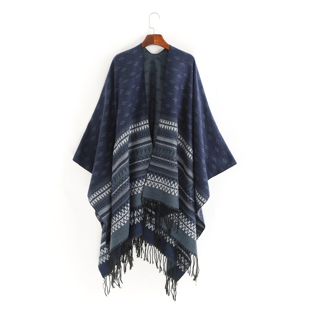 Damen Ruana-Poncho mit Jacquardmuster, Fransen und weichem Wollmix Drune