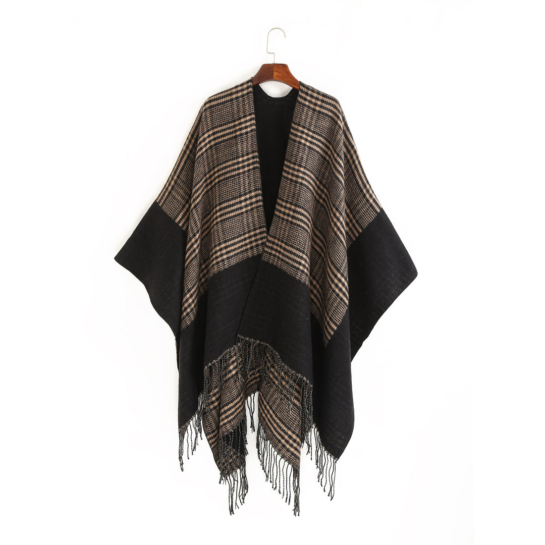 Damen Oversize-Ruana mit Glencheck-Jacquard und Fransensaum Drune