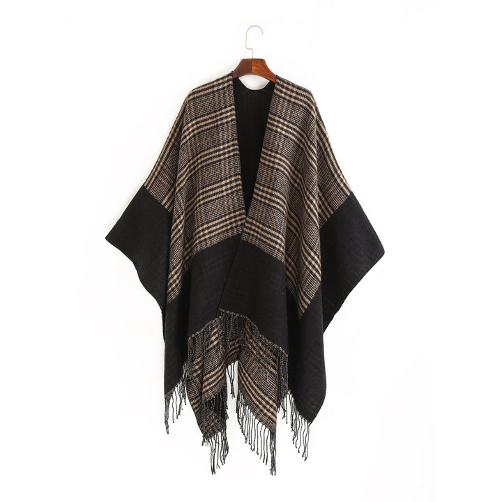 Damen Oversize-Ruana mit Glencheck-Jacquard und Fransensaum Drune