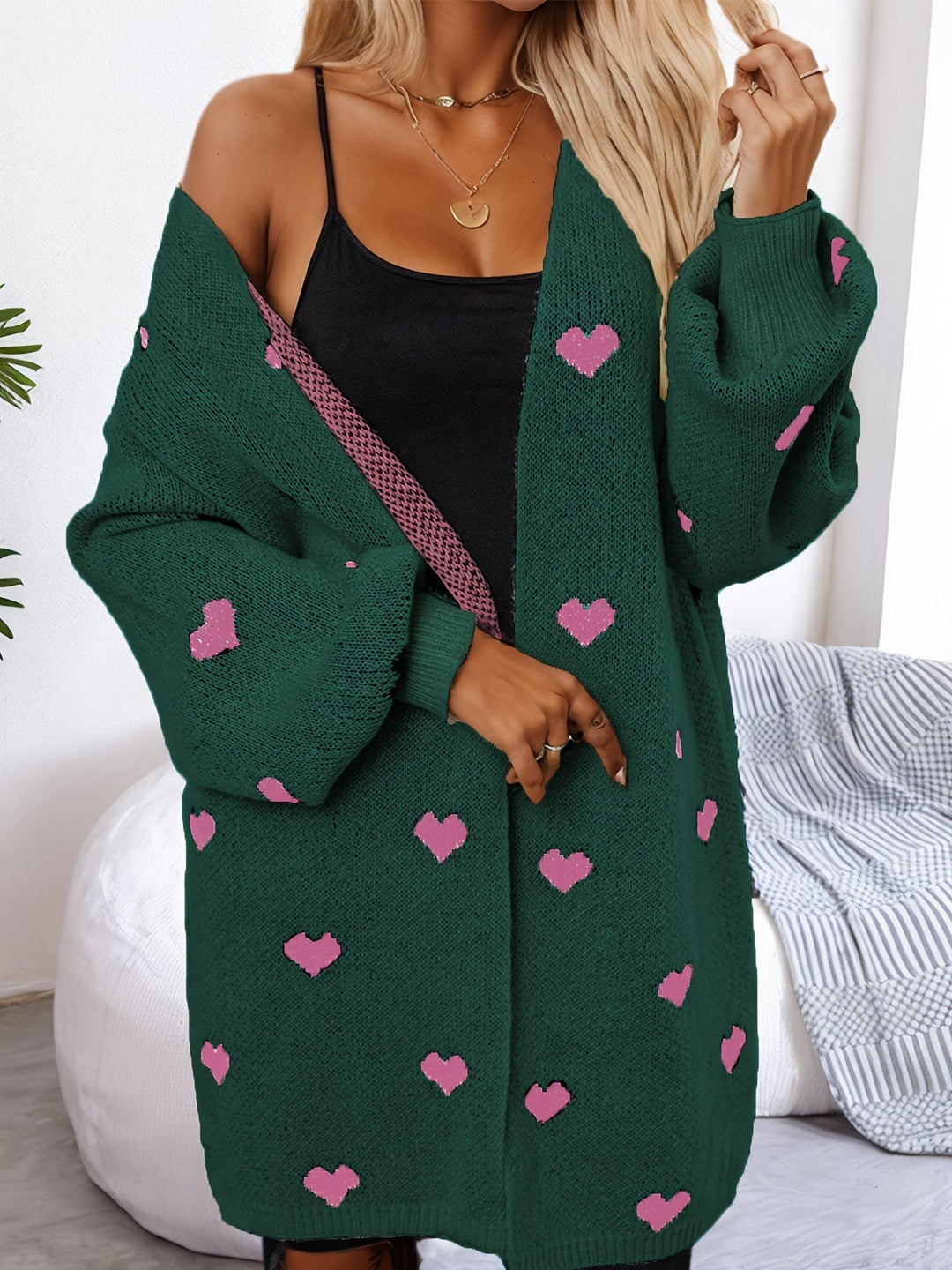 Drune | Herzmuster Lange Länge Wolle Strickjacke Für Damen - Ideal für Winter