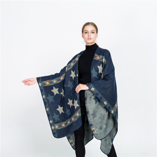 Damen Jacquard‑Ruana‑Poncho mit Sternjacquard und weichfallender Oversize‑Silhouette Drune