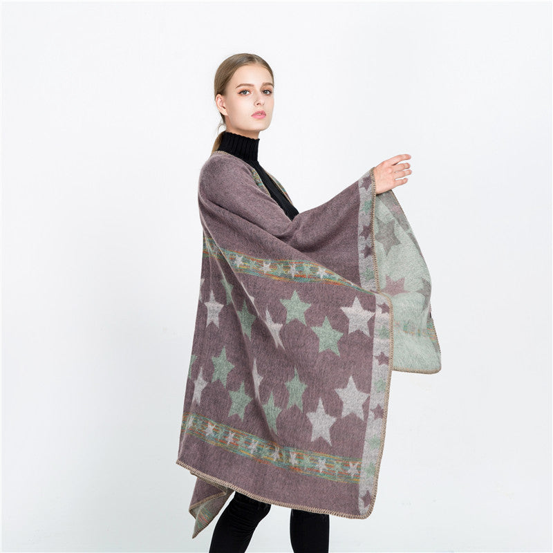 Damen Jacquard‑Ruana‑Poncho mit Sternjacquard und weichfallender Oversize‑Silhouette Drune