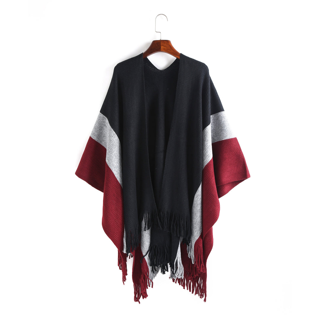 Damen Oversize‑Strickruana mit V‑Ausschnitt, offenem Fall und Fransensaum Drune