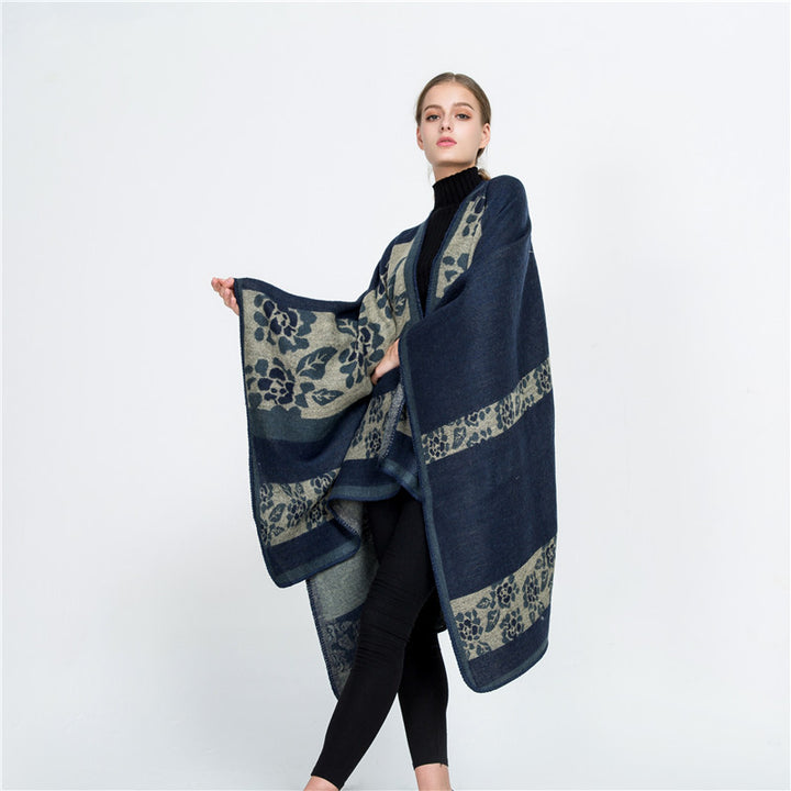 Damen Jacquard-Ruana-Überwurf mit floralem Intarsienmuster und offenem Fall Drune