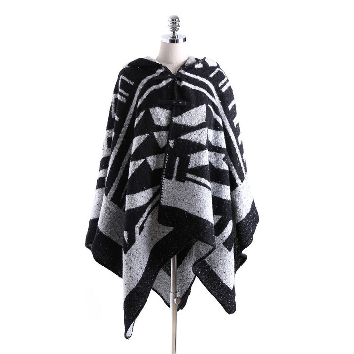 Damen Kapuzen‑Capeponcho aus strukturiertem Bouclé mit geometrischem Kontrastmuster Drune