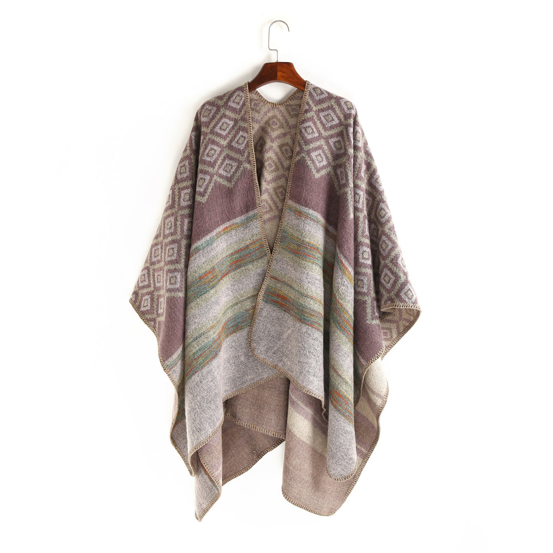 Damen Wolloptik-Ruana mit gewebtem Quadratjacquard und Zierstichkante Drune