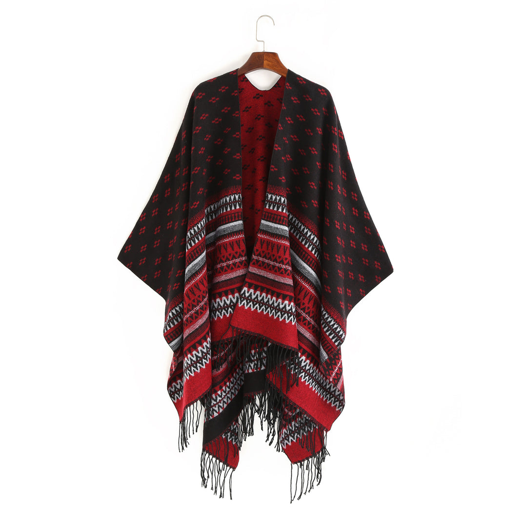 Damen Ruana-Poncho mit Jacquardmuster, Fransen und weichem Wollmix Drune