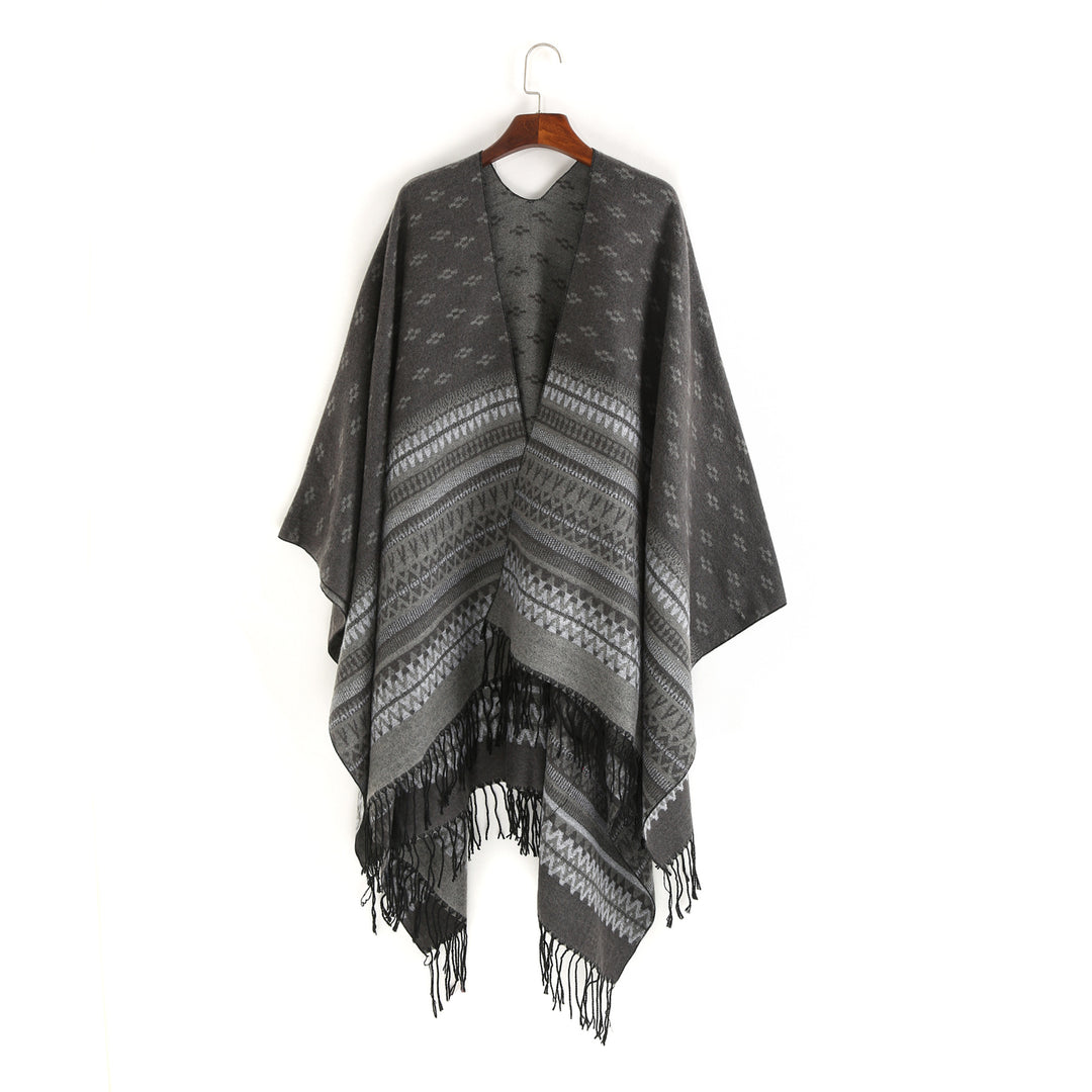 Damen Ruana-Poncho mit Jacquardmuster, Fransen und weichem Wollmix Drune
