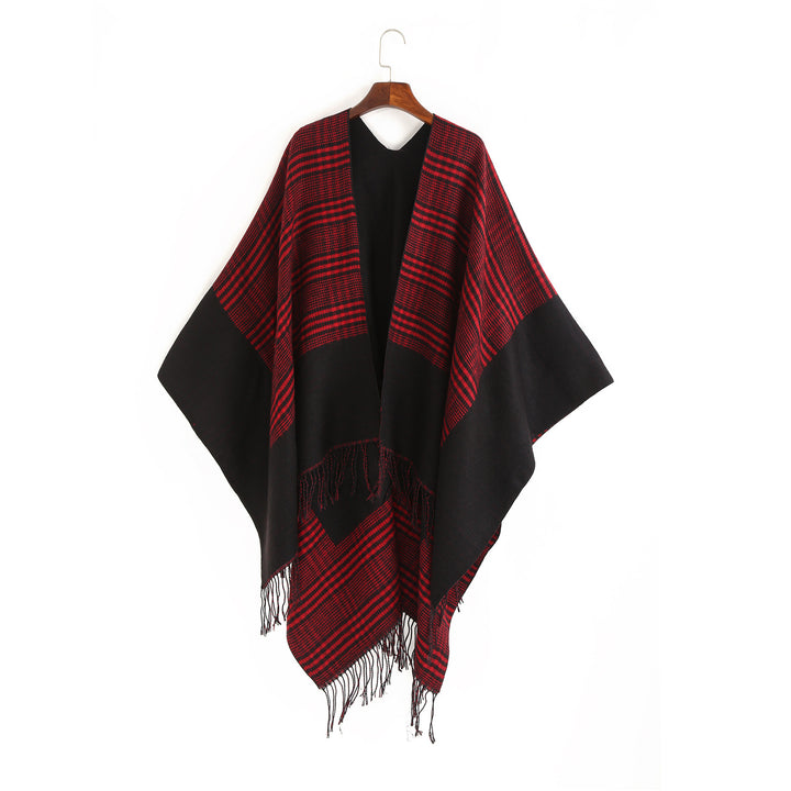 Damen Oversize-Ruana mit Glencheck-Jacquard und Fransensaum Drune