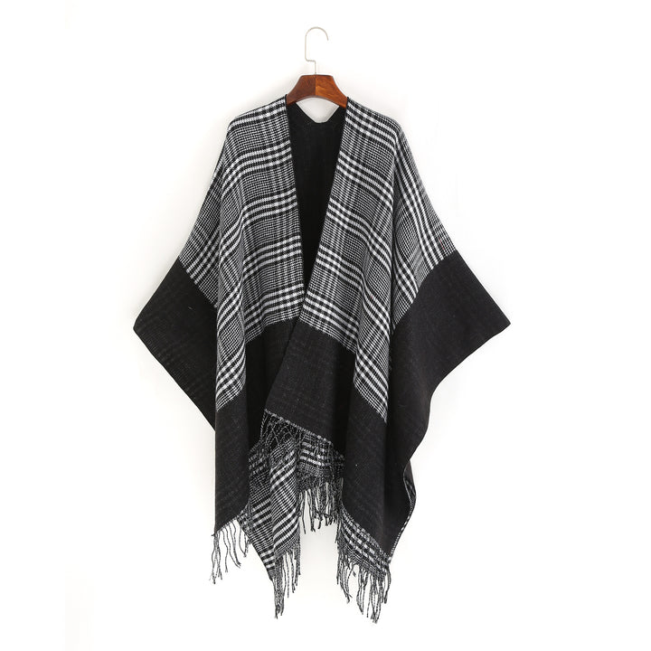 Damen Oversize-Ruana mit Glencheck-Jacquard und Fransensaum Drune