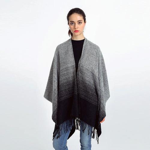 Damen Oversize-Poncho im Verlaufsstrick mit Fransen und offener Front Drune