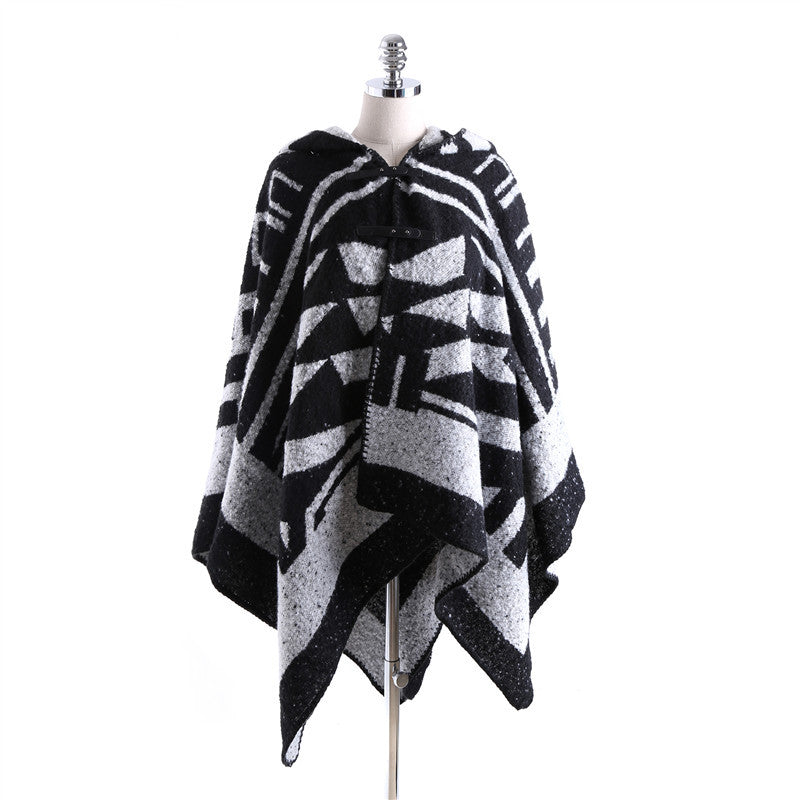 Damen Kapuzen‑Capeponcho aus strukturiertem Bouclé mit geometrischem Kontrastmuster Drune