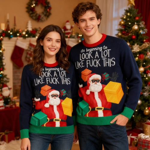 Drune | Festlich & Furchtlos: Fröhliches Santa-Muster Print Weihnachts-Pullover