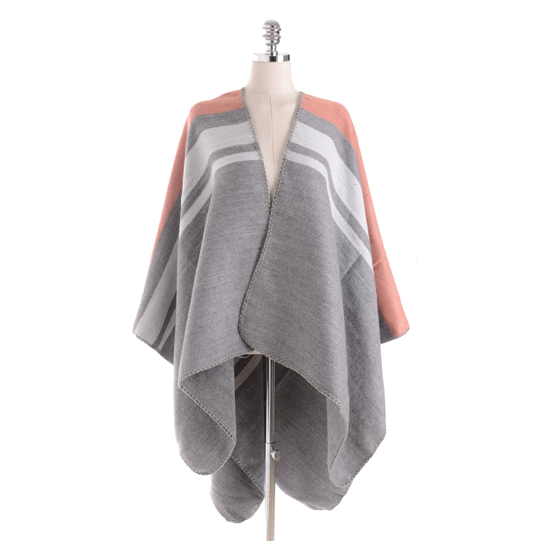 Damen Cape‑Ruana‑Poncho aus feinem Wollmix mit kontrastierter Kettelnaht Drune