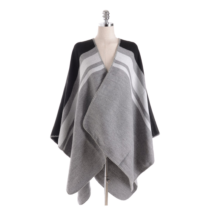 Damen Cape‑Ruana‑Poncho aus feinem Wollmix mit kontrastierter Kettelnaht Drune