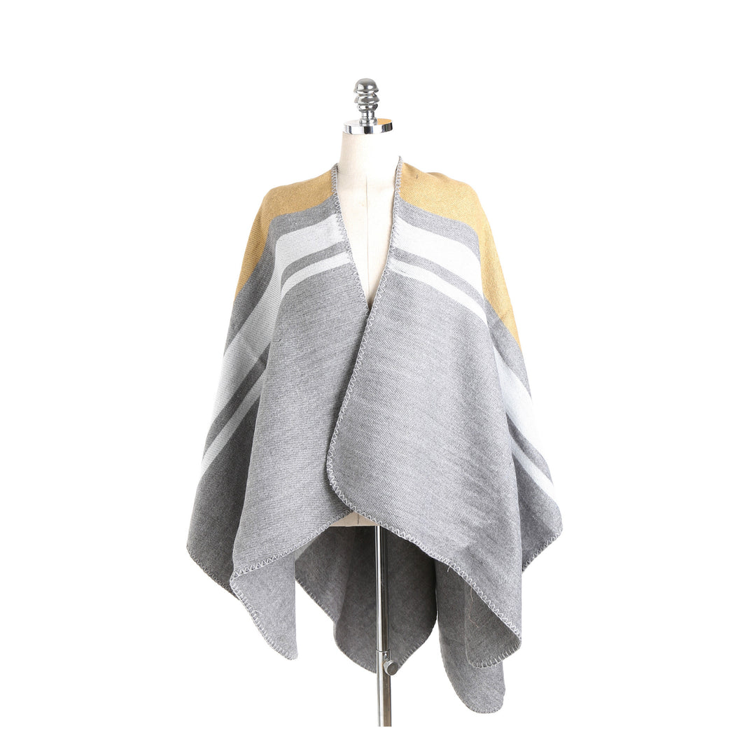 Damen Cape‑Ruana‑Poncho aus feinem Wollmix mit kontrastierter Kettelnaht Drune
