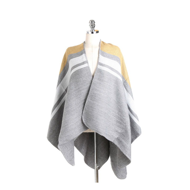 Damen Cape‑Ruana‑Poncho aus feinem Wollmix mit kontrastierter Kettelnaht Drune