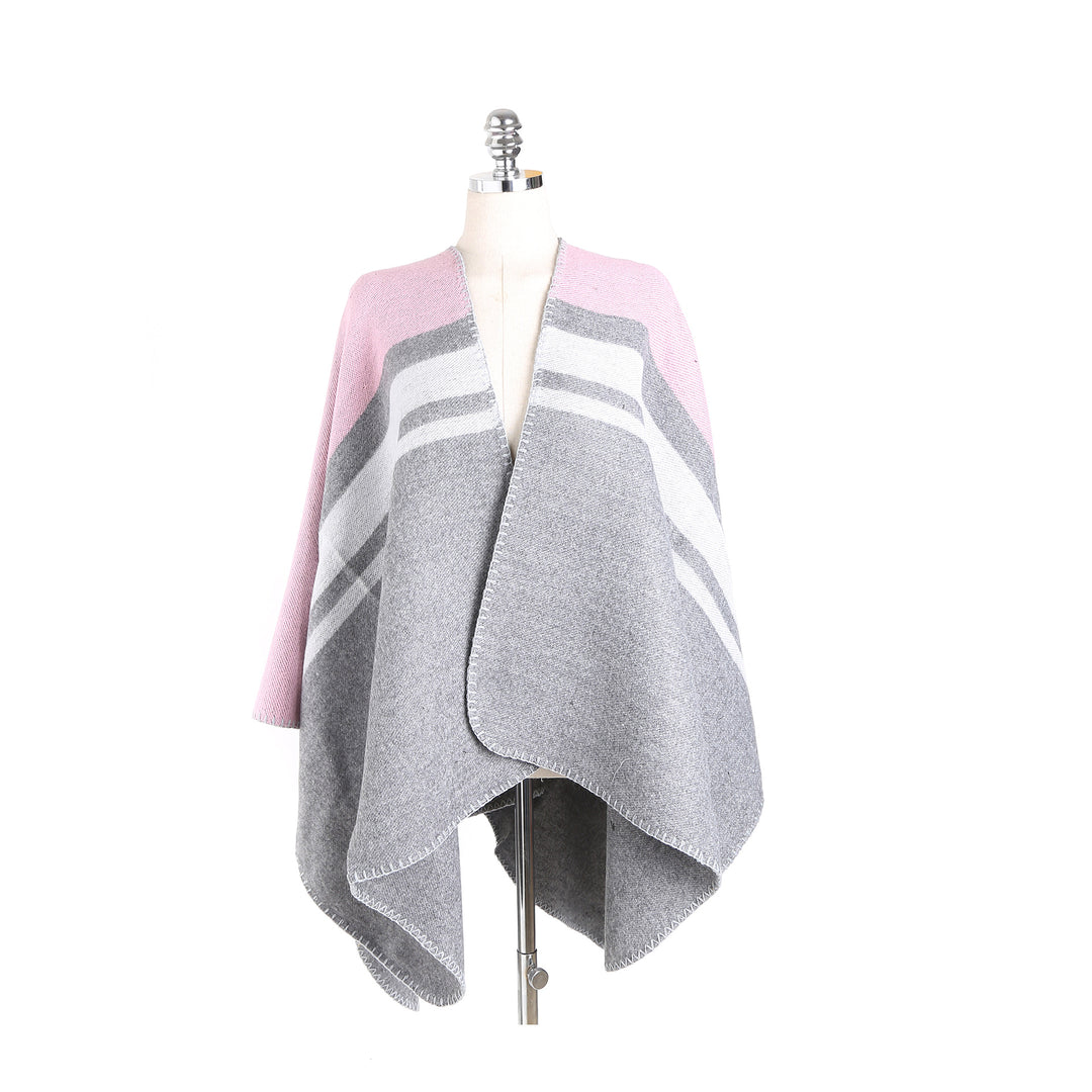 Damen Cape‑Ruana‑Poncho aus feinem Wollmix mit kontrastierter Kettelnaht Drune