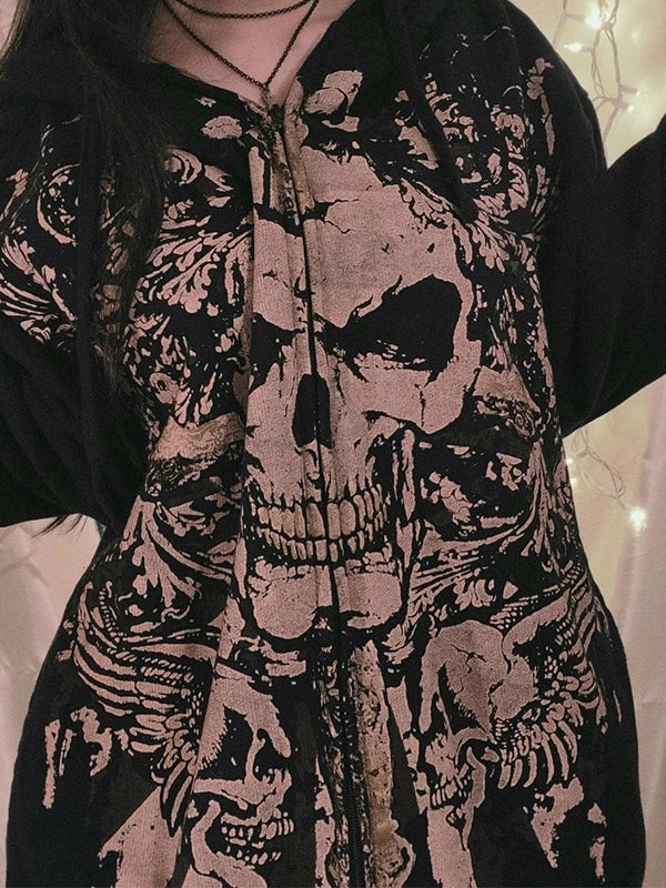 Drune | vintage Schädelprint oversized Hoodie mit Reißverschluss