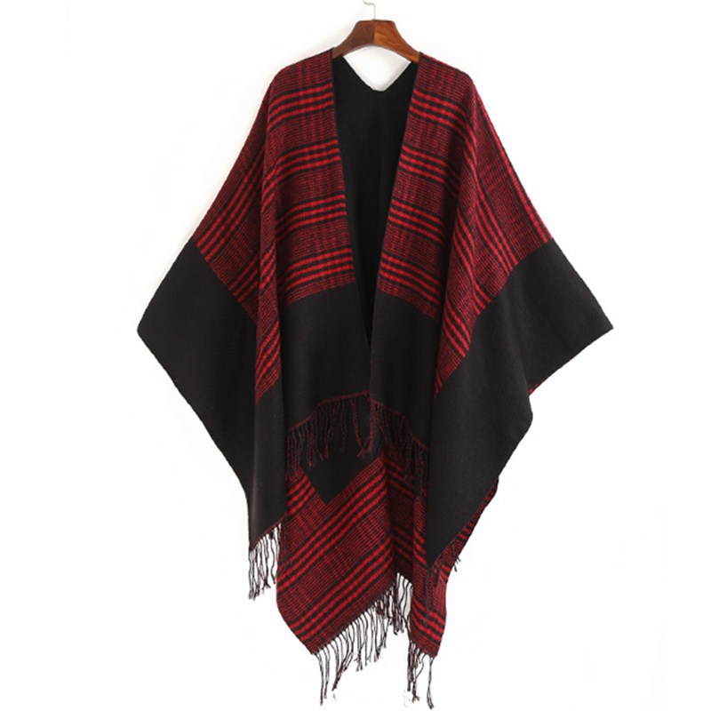 Damen Oversize-Ruana mit Glencheck-Jacquard und Fransensaum Drune