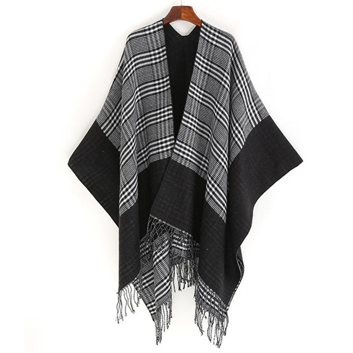 Damen Oversize-Ruana mit Glencheck-Jacquard und Fransensaum Drune