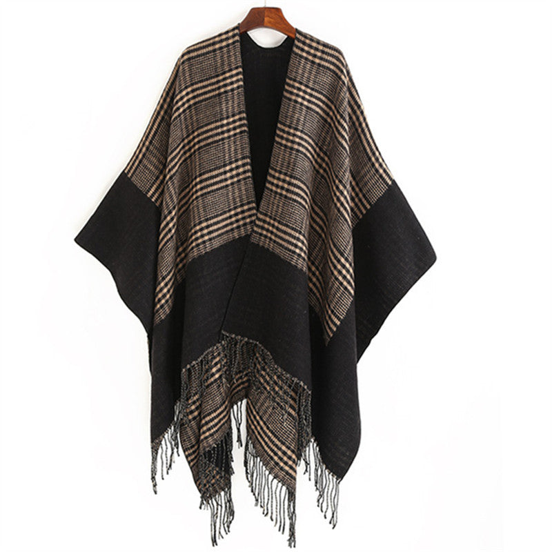 Damen Oversize-Ruana mit Glencheck-Jacquard und Fransensaum Drune