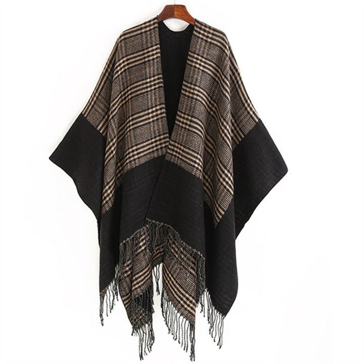 Damen Oversize-Ruana mit Glencheck-Jacquard und Fransensaum Drune