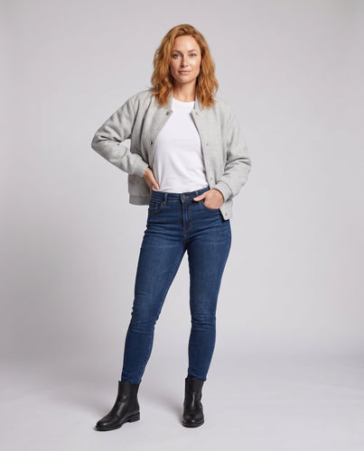 Damen Kurze Woll-Bomberjacke im College-Look mit Rippbündchen Drune