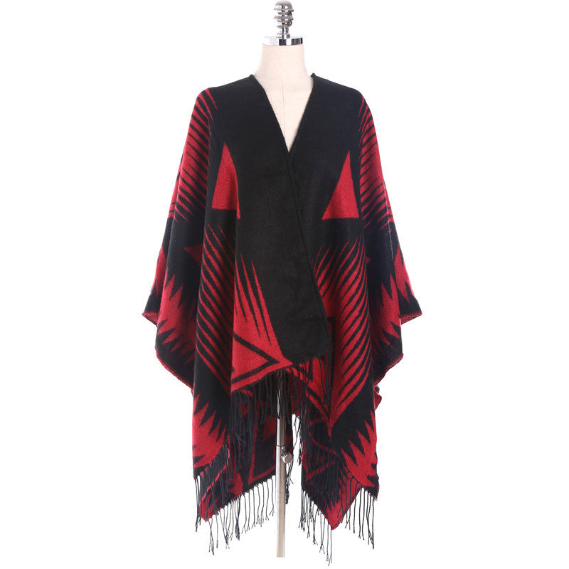 Damen Azteken-Jacquard-Ruana mit Fransen und offenem V-Ausschnitt Drune