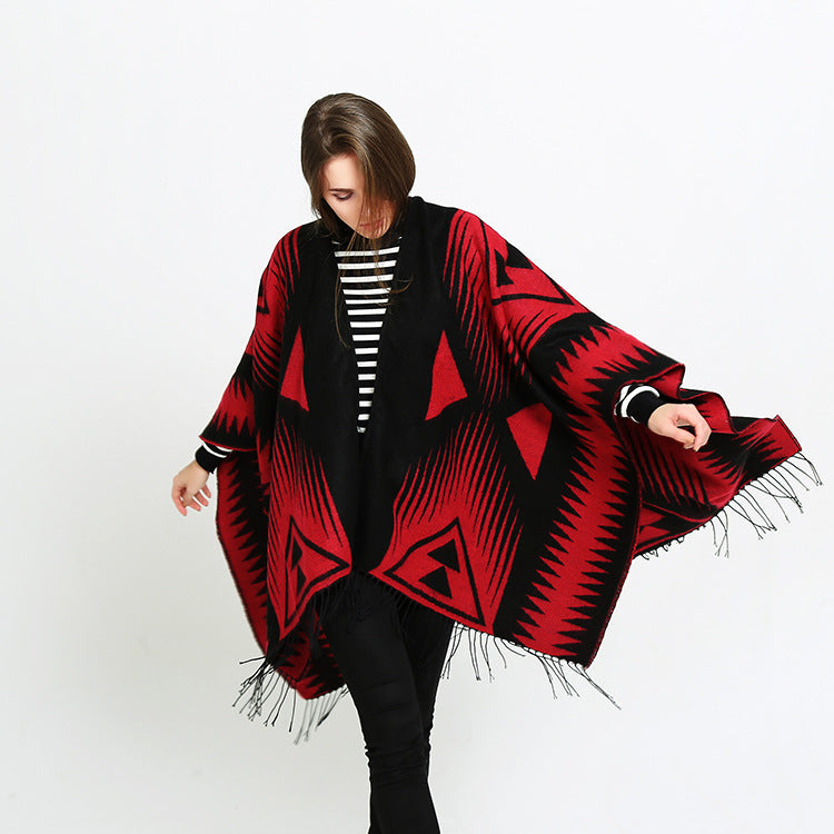 Damen Azteken-Jacquard-Ruana mit Fransen und offenem V-Ausschnitt Drune