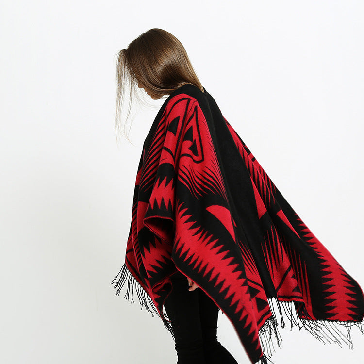 Damen Azteken-Jacquard-Ruana mit Fransen und offenem V-Ausschnitt Drune