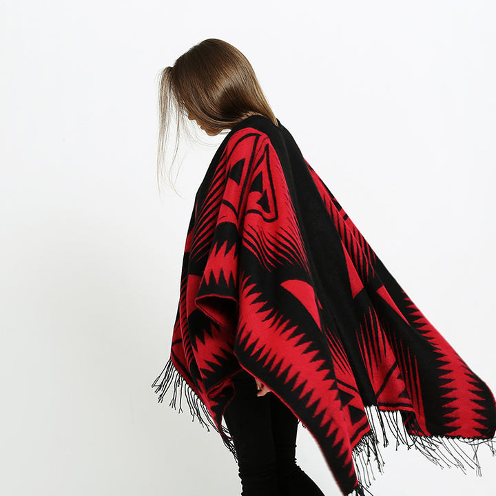 Damen Azteken-Jacquard-Ruana mit Fransen und offenem V-Ausschnitt Drune