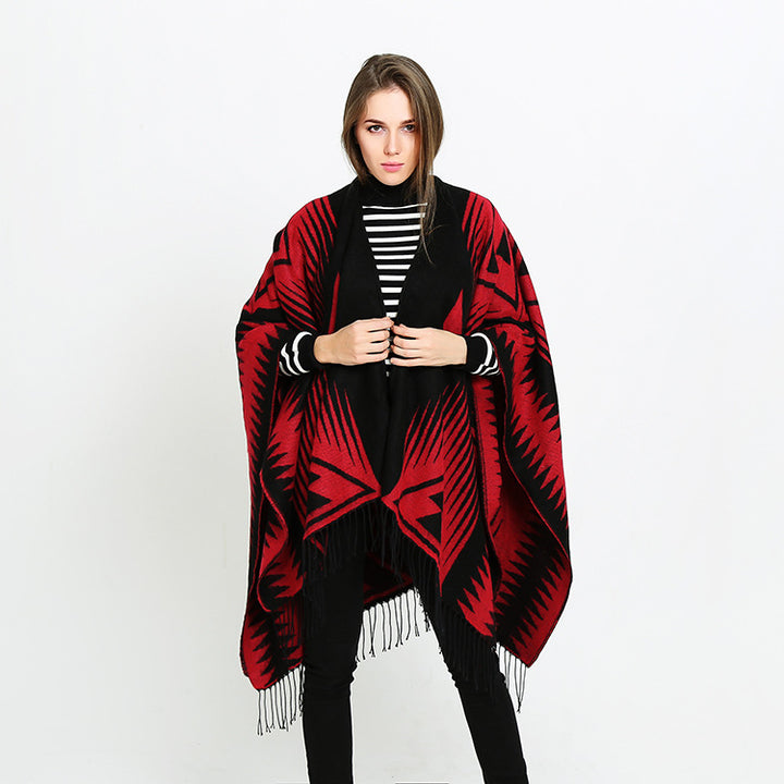 Damen Azteken-Jacquard-Ruana mit Fransen und offenem V-Ausschnitt Drune