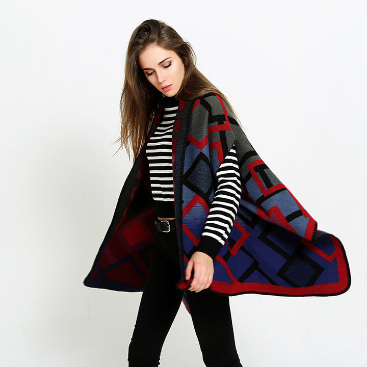 Damen Oversize-Deckeponcho aus Jacquardstrick mit Zierstichkante Drune