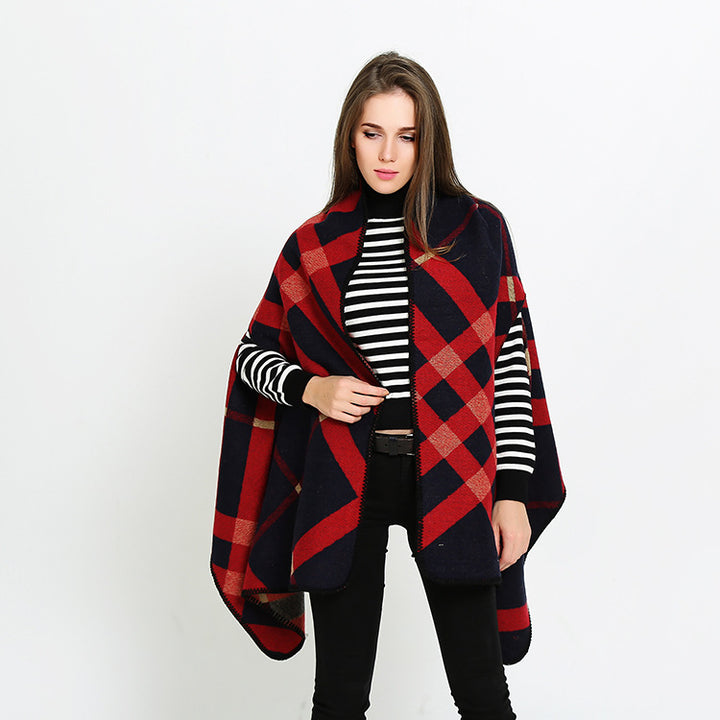 Damen Oversize-Deckeponcho aus Jacquardstrick mit Zierstichkante Drune