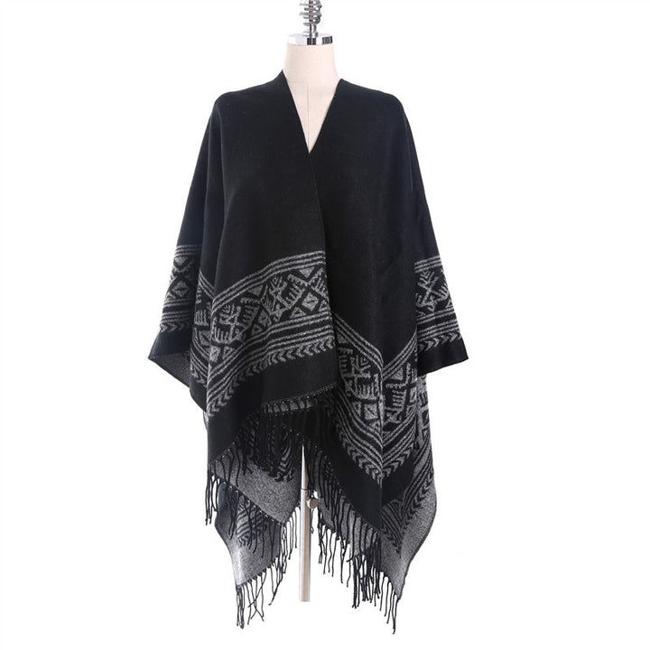 Damen Capeponcho mit geometrischer Jacquardbordüre, offenem V-Ausschnitt und Fransensaum Drune