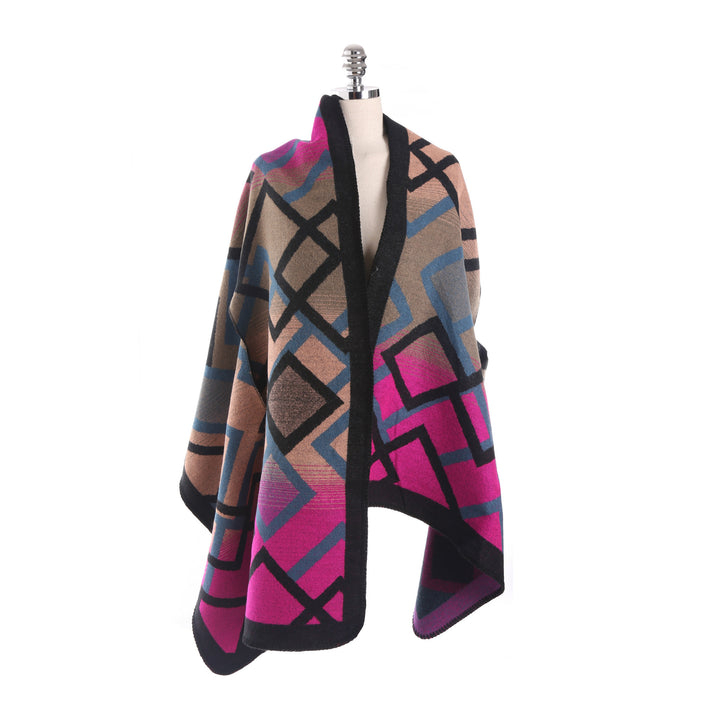 Damen Oversize-Deckeponcho aus Jacquardstrick mit Zierstichkante Drune
