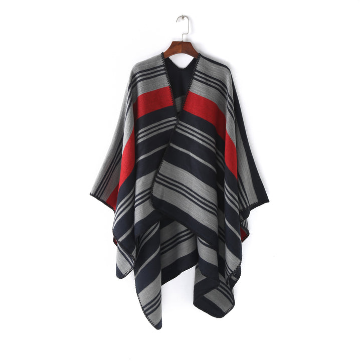 Damen Oversize‑Ruana‑Überwurf mit gestreiftem Jacquard und Zierstichkante Drune