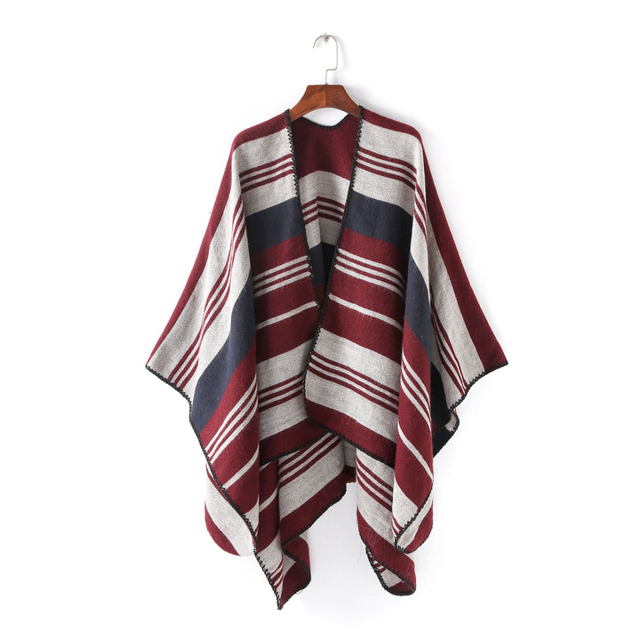 Damen Oversize‑Ruana‑Überwurf mit gestreiftem Jacquard und Zierstichkante Drune