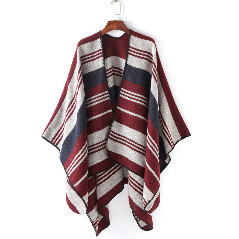 Damen Oversize‑Ruana‑Überwurf mit gestreiftem Jacquard und Zierstichkante Drune