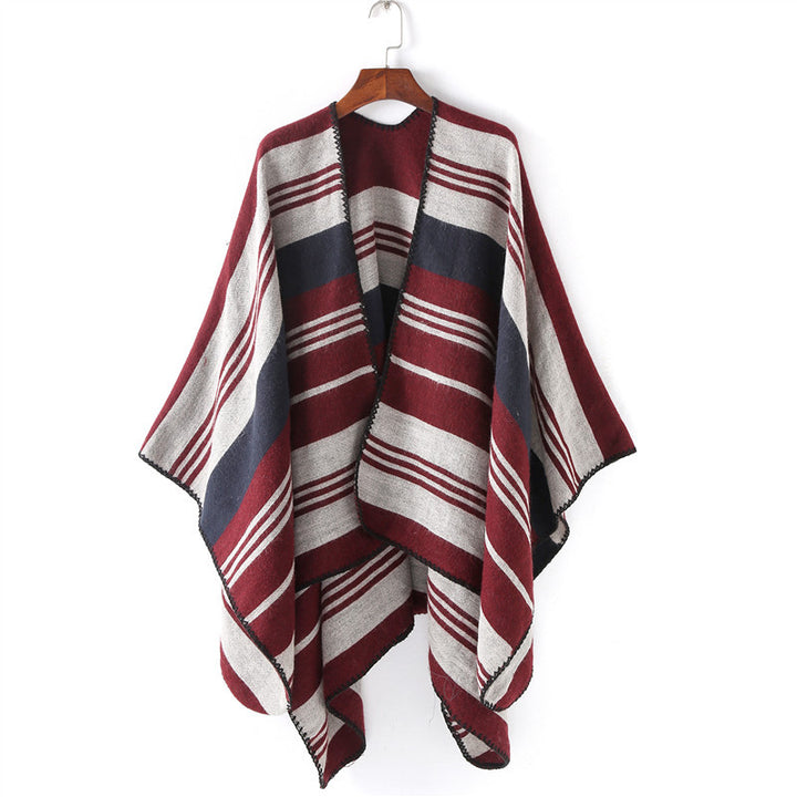 Damen Oversize‑Ruana‑Überwurf mit gestreiftem Jacquard und Zierstichkante Drune