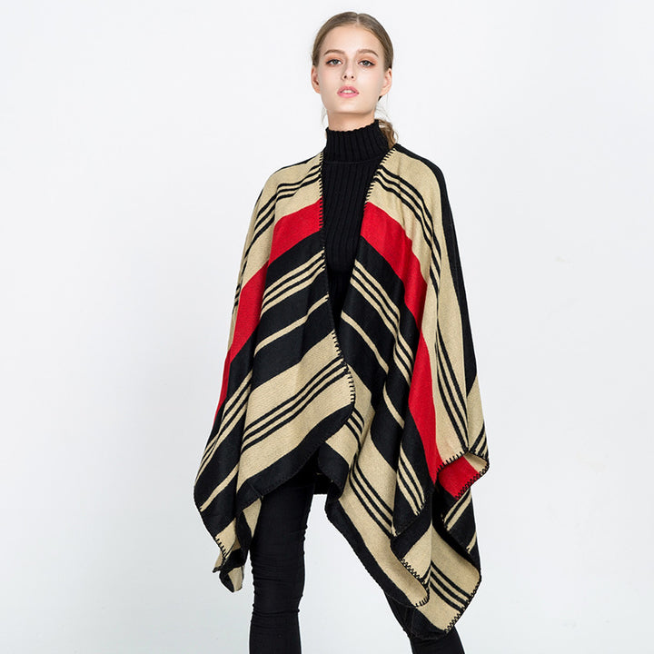 Damen Oversize‑Ruana‑Überwurf mit gestreiftem Jacquard und Zierstichkante Drune
