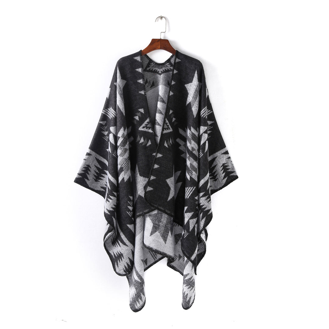 Damen Wollmix-Ruanaüberwurf im Oversize mit geometrischem Sterne-Jacquard Drune