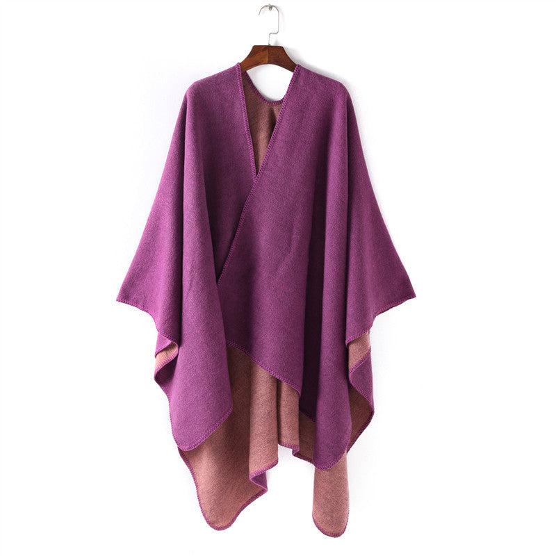 Damen Weichfallender Wende-Poncho‑Ruana aus Wollmix mit V‑Ausschnitt und Zierstich Drune