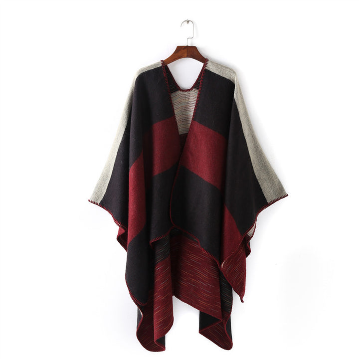 Damen Cape‑Ruana mit zweilagiger Webstruktur und grafischem Blockstreifen Drune
