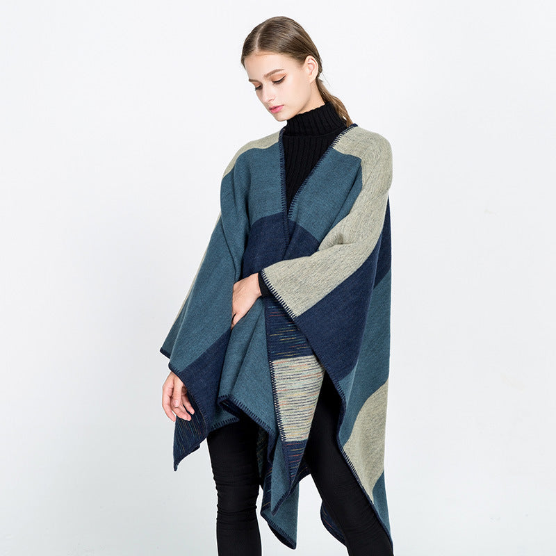 Damen Cape‑Ruana mit zweilagiger Webstruktur und grafischem Blockstreifen Drune