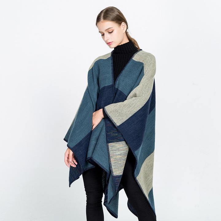 Damen Cape‑Ruana mit zweilagiger Webstruktur und grafischem Blockstreifen Drune