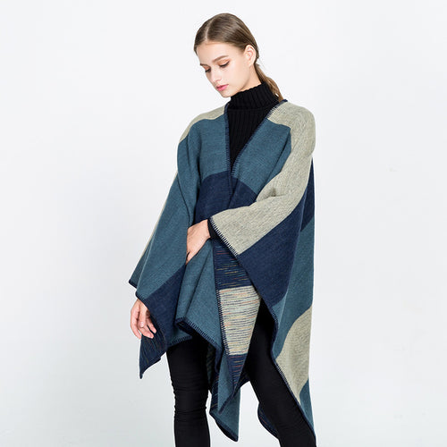 Damen Cape‑Ruana mit zweilagiger Webstruktur und grafischem Blockstreifen Drune