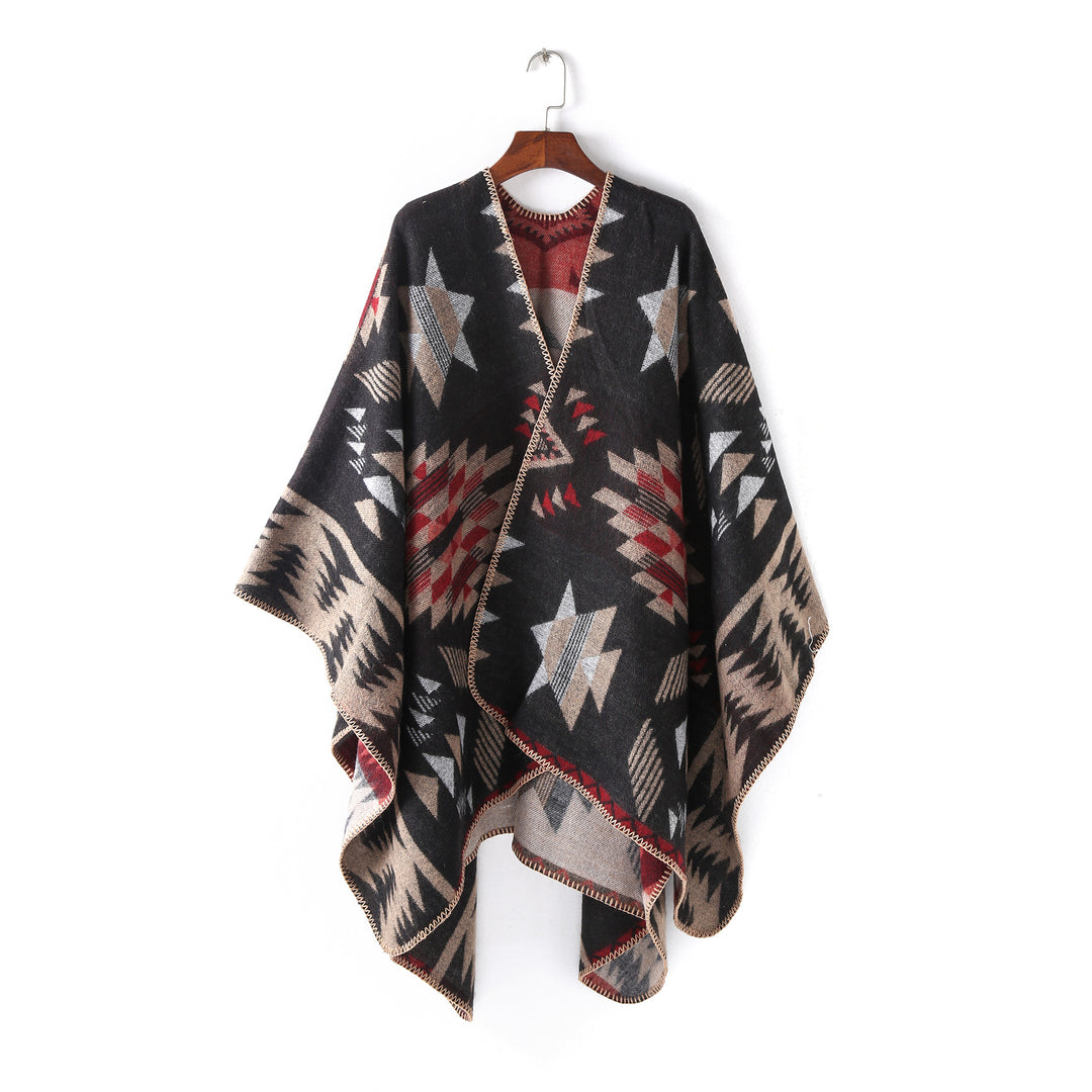 Damen Wollmix-Ruanaüberwurf im Oversize mit geometrischem Sterne-Jacquard Drune