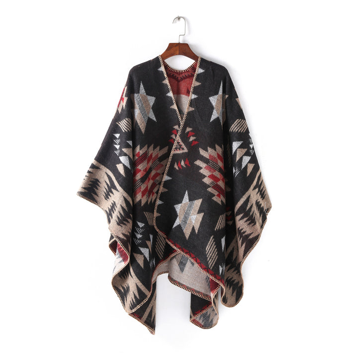 Damen Wollmix-Ruanaüberwurf im Oversize mit geometrischem Sterne-Jacquard Drune